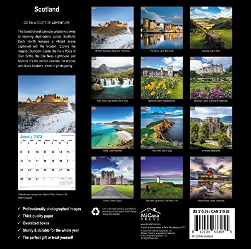 מיקסה סקוטלנד 2023 לוח השנה החודשי לתלייה | 12 x 24 פתוח | נייר עבה ויציב | מתנה | צא להרפתקה סקוטית